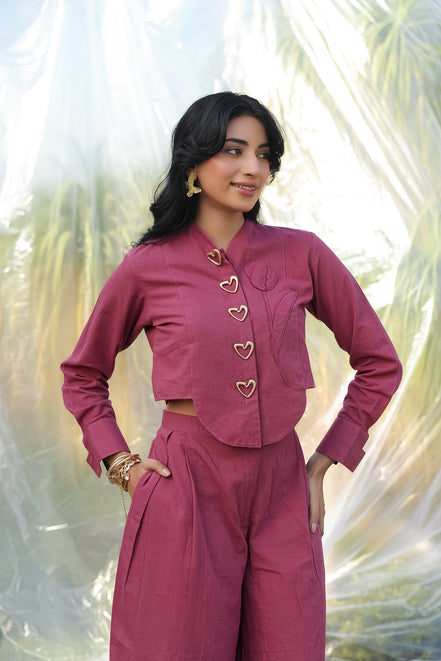 cotton linen rust pink coord set with cute heart buttons