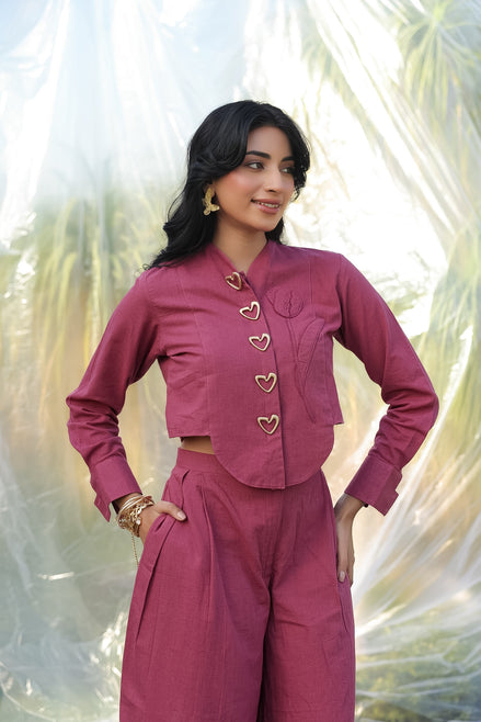 cotton linen rust pink coord set with cute heart buttons