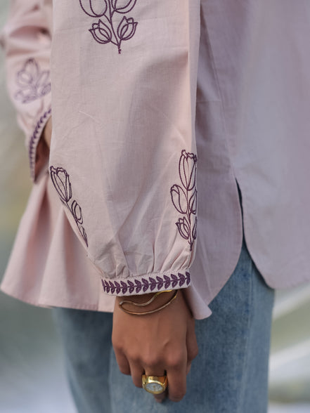 Light pink shirt with tulip dori  embroidery on sleeves