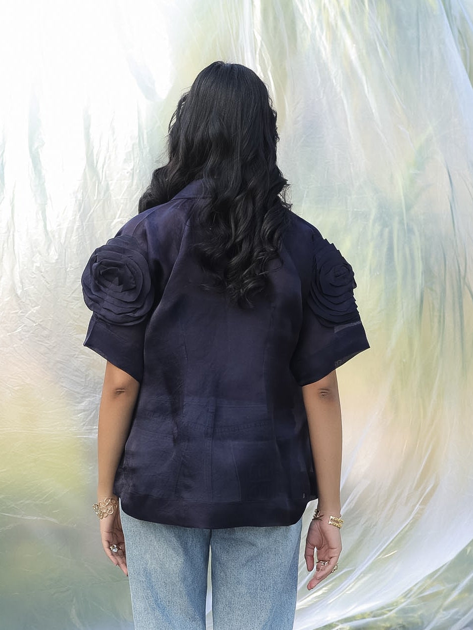Navy blue party wear satin organza luxurious shirt