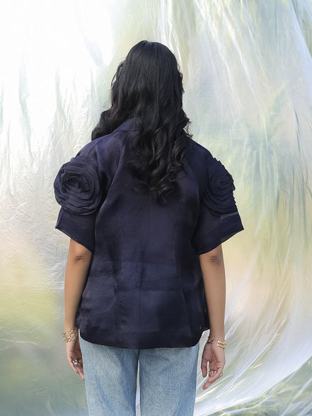Navy blue party wear satin organza luxurious shirt