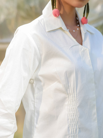 classy pintucks in front in a white shirt
