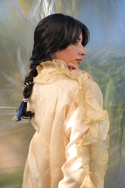 silk chanderi beige shirt with elegant ruffled sleeves