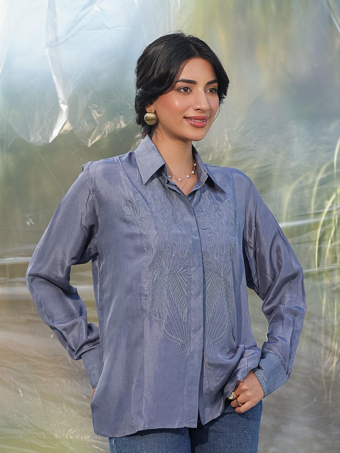 pure silk habutai grey shirt with grey dori embroidery