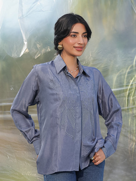 pure silk habutai grey shirt with grey dori embroidery
