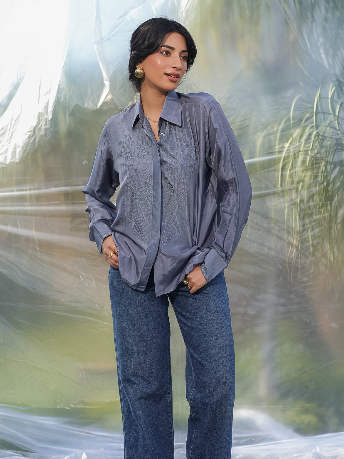 grey silk shirt perfect for casual, party and formal settings
