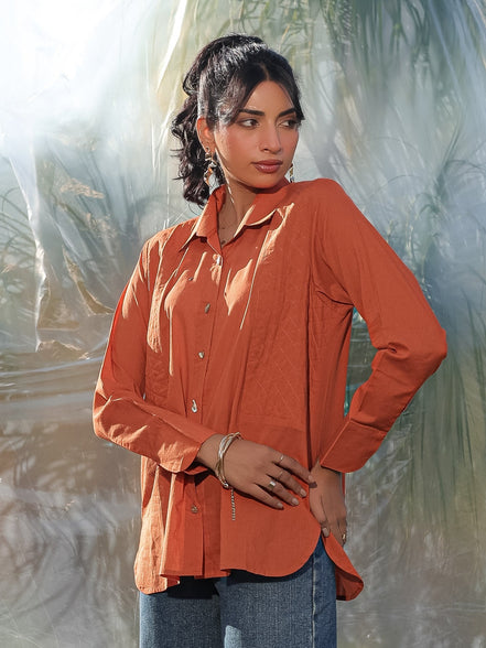 Rust orange cotton shirt with side quilted patches and gold buttons 