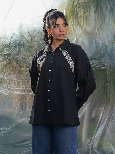 Black cotton shirt with white embroidery
