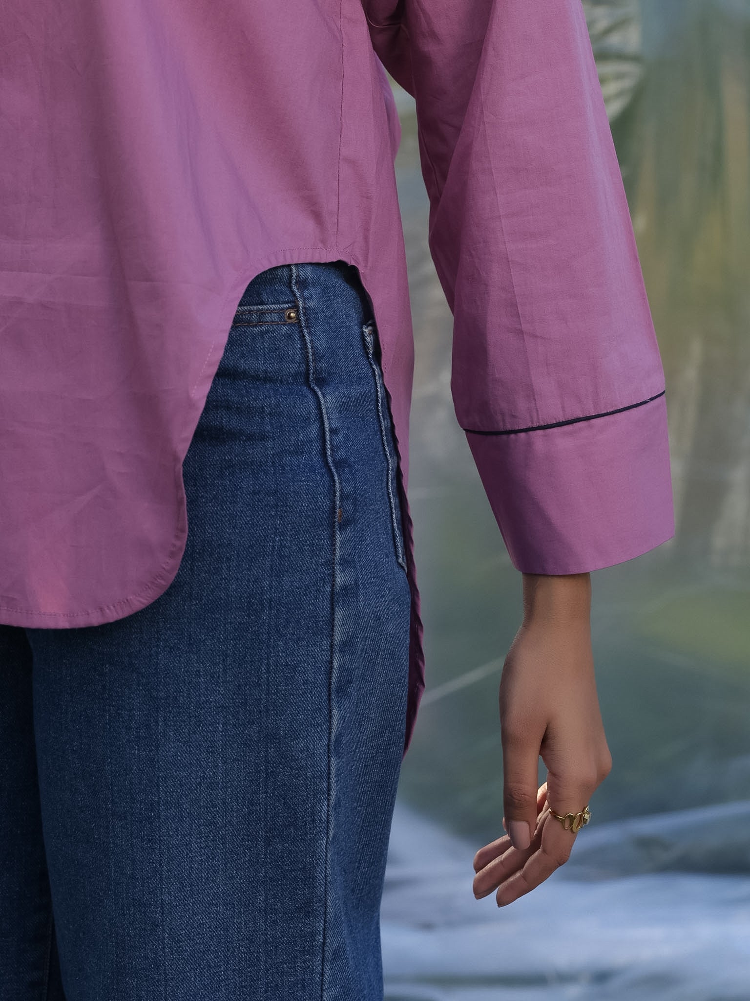 pinkish purple shirt with contrast navy blue detailing