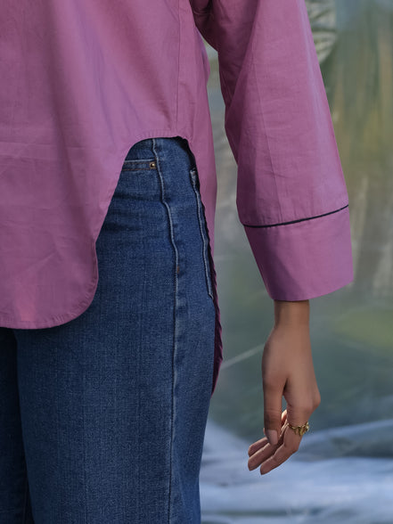 pinkish purple shirt with contrast navy blue detailing