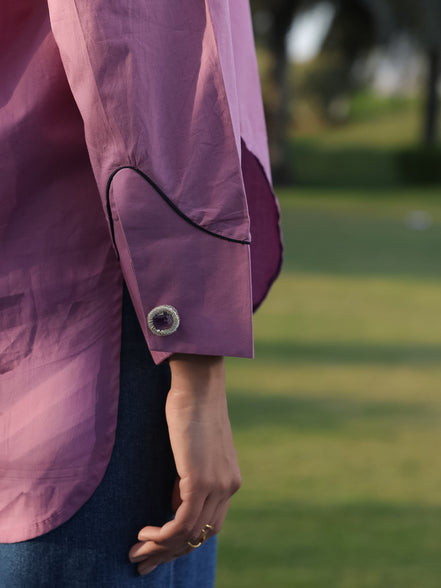 amethyst cufflink in pinkish purplish shirt