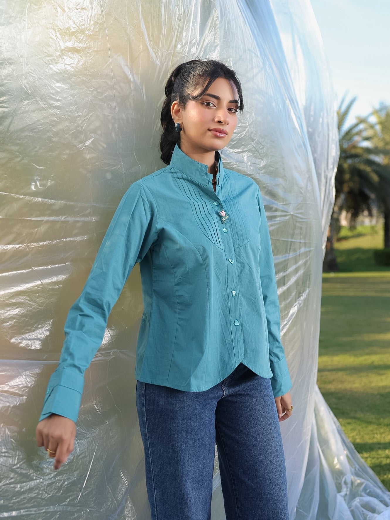teal blue cotton shirt perfect for casual, party and formal outings