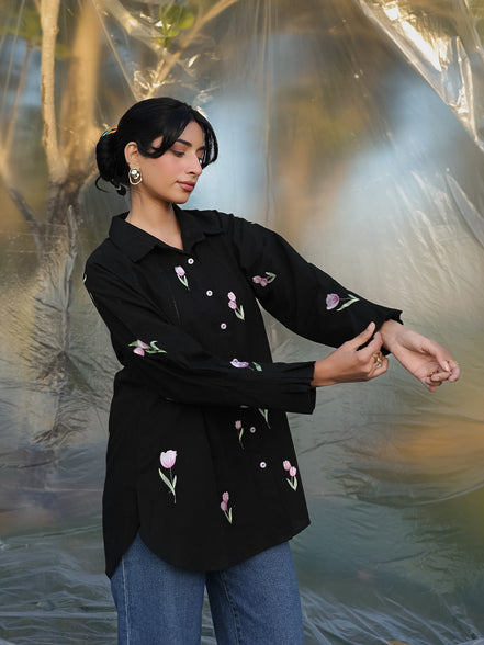 Black cotton flex shirt aesthetically adorned with delicate resham embroidered tulips