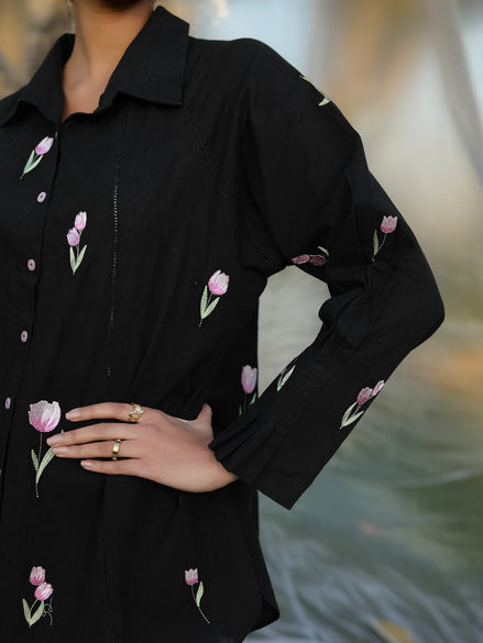 black cotton flex shirt with tulip embroideries and black connector lace