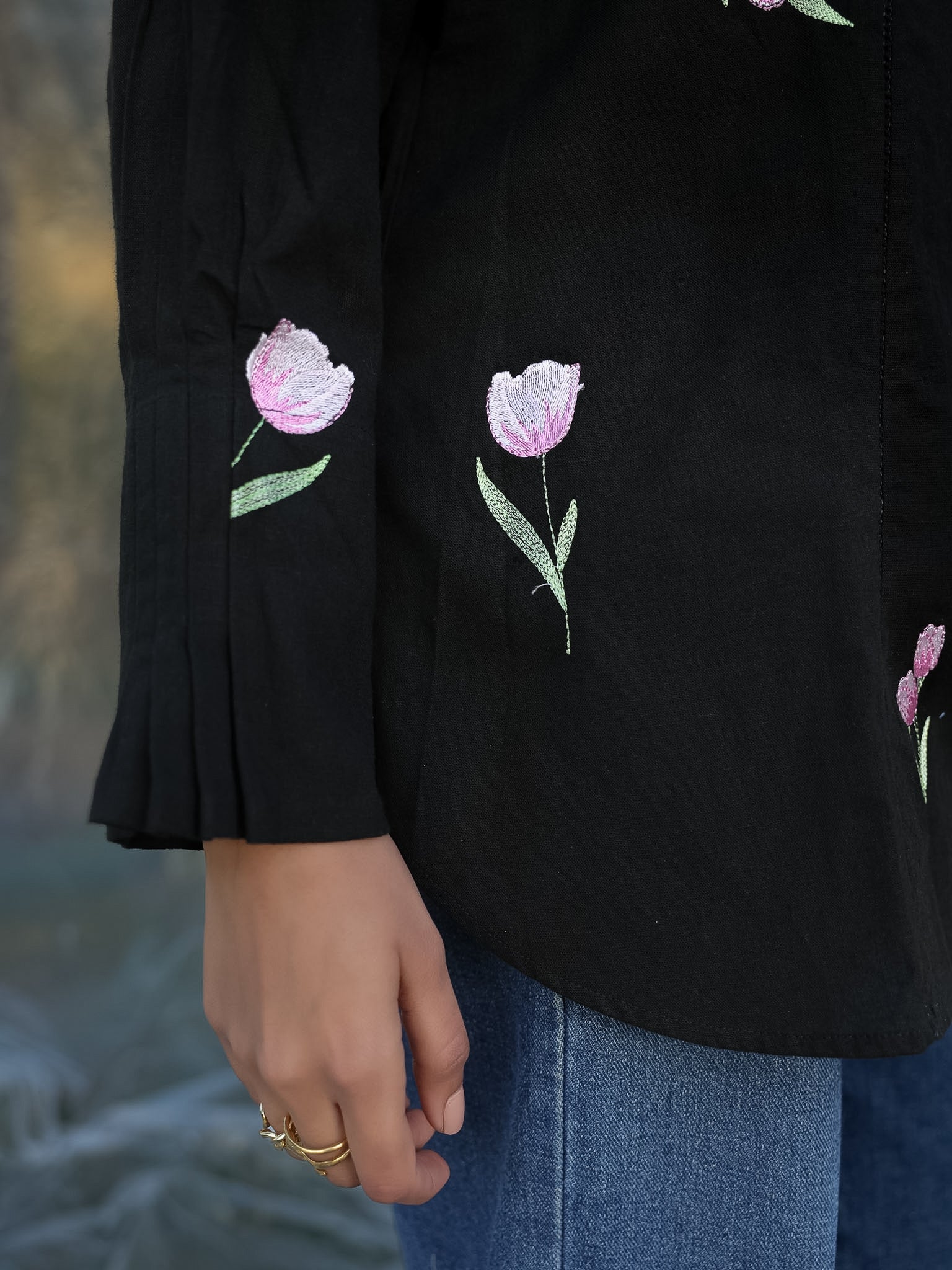 Delicate tulip resham embroidery on cotton linen or flex shirt