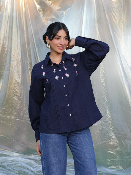 navy blue cotton poplin shirt perfect for casual, party and formal occasions