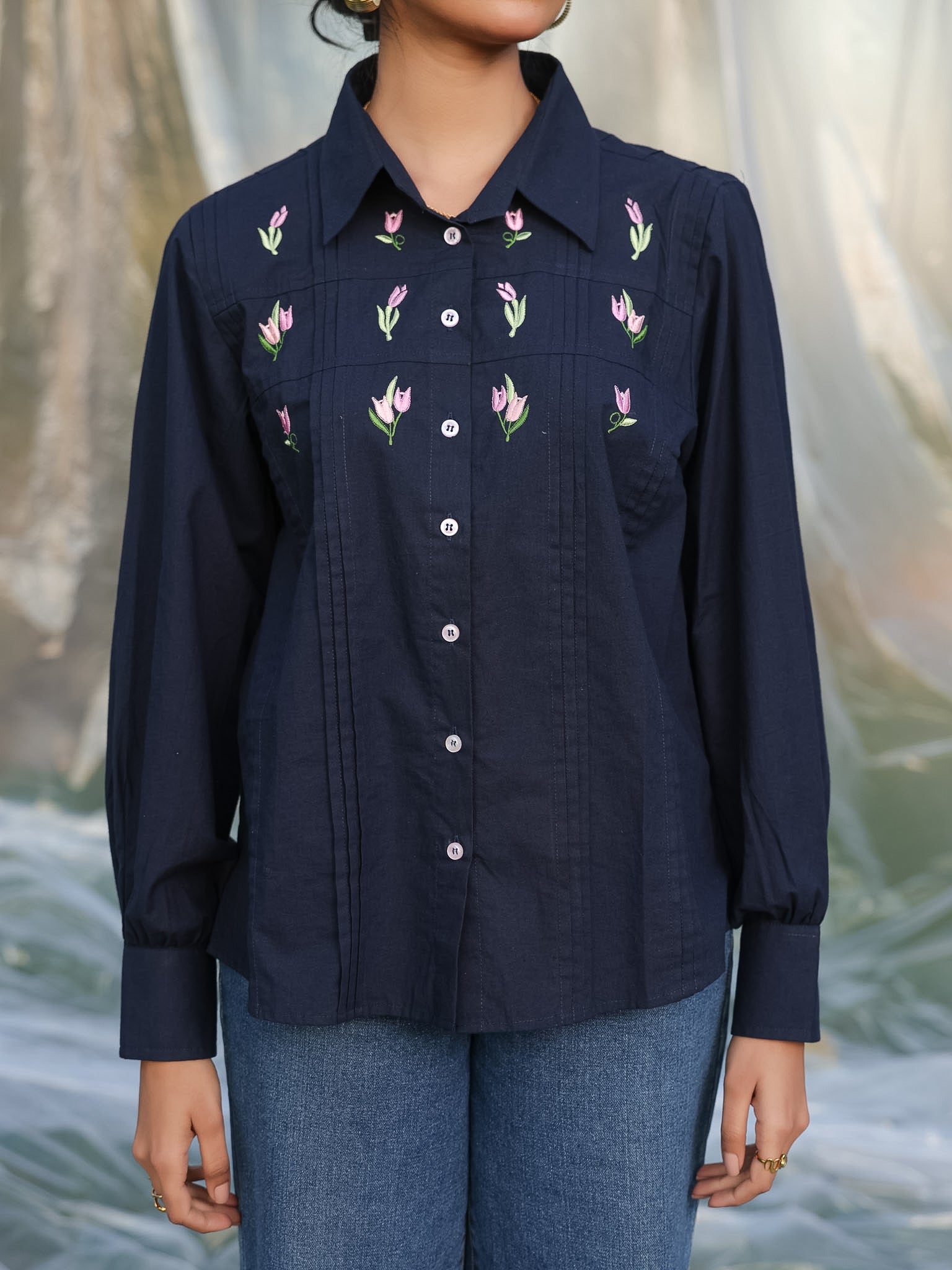 intricate resham tulip embroidery and pin tucks