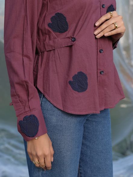 delicate tulip embroidered flowers patched on the shirt and cuff