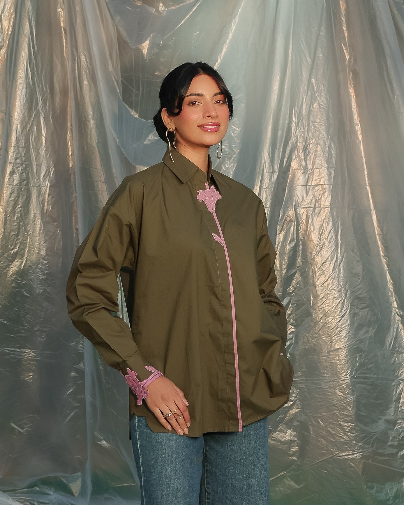 cotton poplin olive green shirt with pink tulip apllique embroidery patches