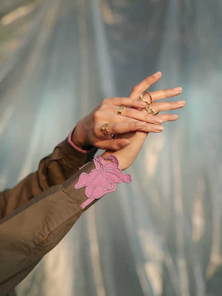 aesthetic contrast pink tulip embroidered patch on cuff