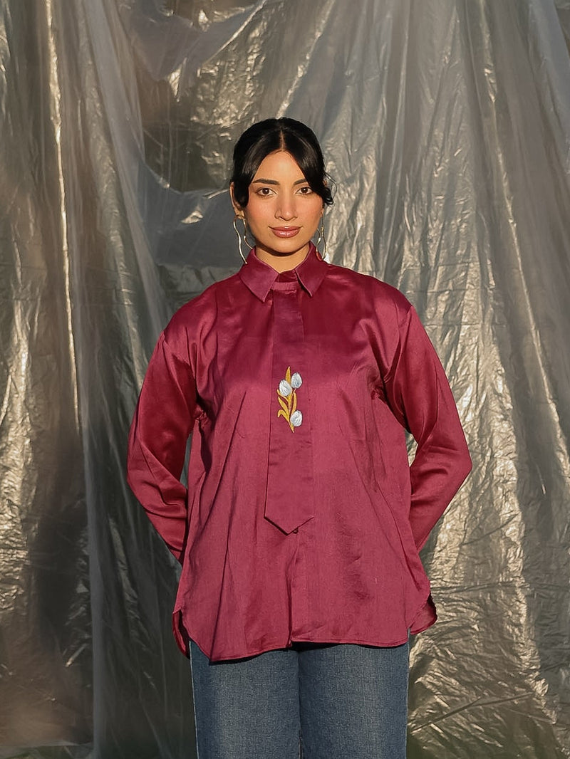 silk chanderi wine shirt with a designer smart tie perfect for party and formal settings and outings