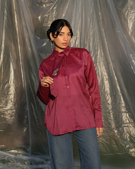 pure silk chanderi wine maroonish smart and aesthetic and designer shirt
